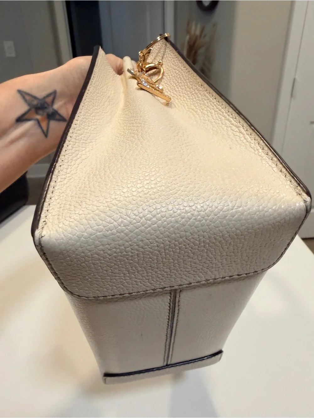 Michael Kors Mercer Small Cream Pebbled Leather Satchel Handbag Gold Hardware